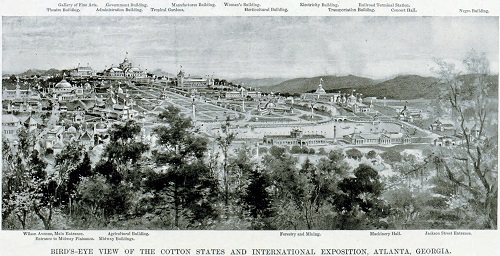 The Cotton States and International Exposition of 1895, held in present-day Piedmont Park in Atlanta, as visualized in Harper’s Magazine. Despite the Negro Building’s marginalized location, it was a point of pride among African Americans throughout the South. Credit: Library of Congress.
