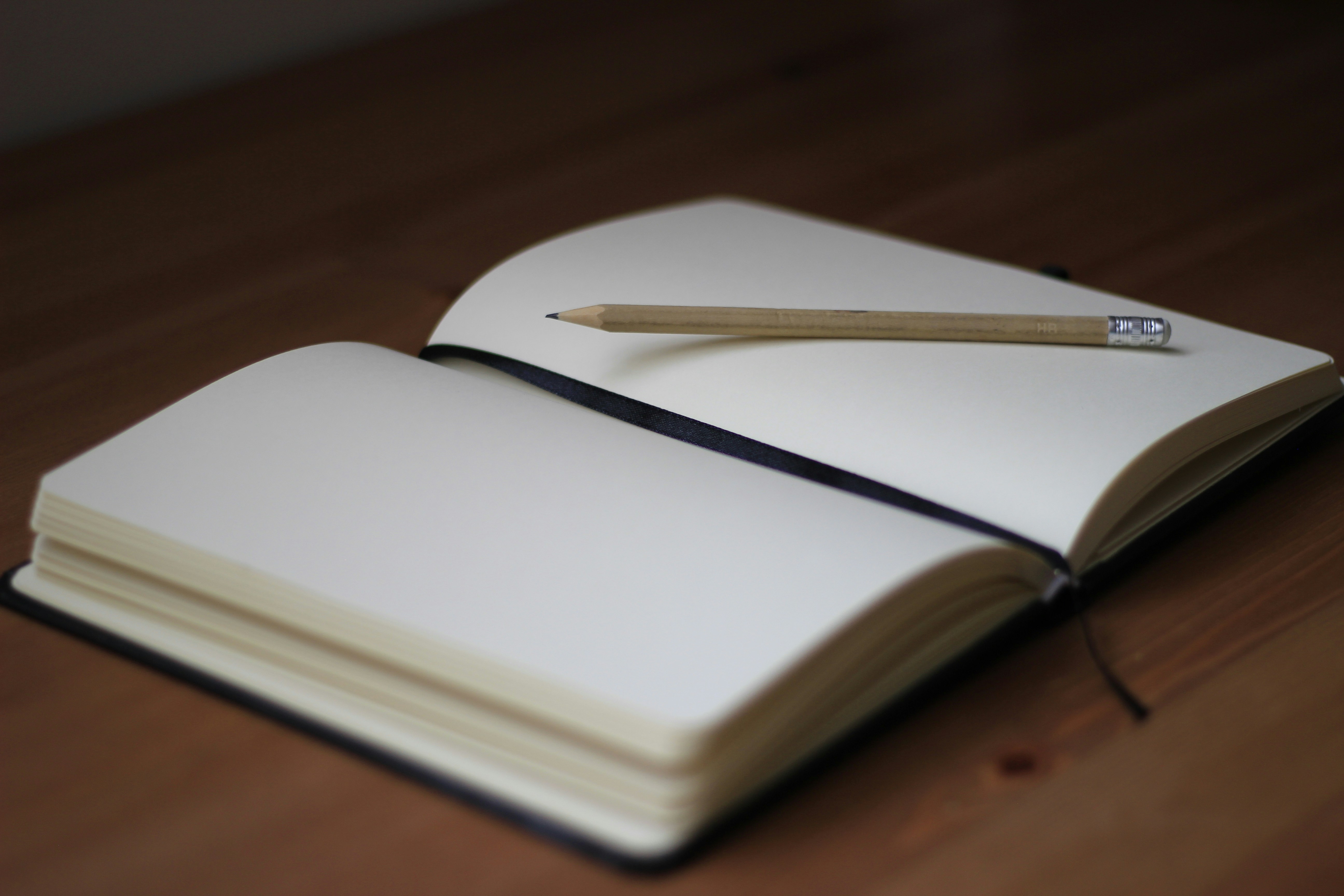 Picture of an open unlined notebook with a pencil lying on it