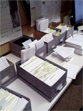 Most historians are still using methods developed for the age of print--including index cards, yellow Post-it notes, and file cabinets of paper--to assemble their materials, insights, and ideas into an article or book. Photo courtesy of Roger Schonfeld.