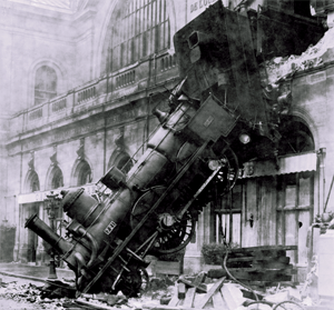 Train wreck at Montparnasse Station, Paris, France, 1895; photo is in the public domain.