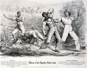 Figure 4: Effects of the Fugitive Slave Law. A lithograph from 1850. Below the picture are two texts, one from Deuteronomy: "Thou shalt not deliver unto the master his servant which has escaped from his master unto thee. He shall dwell with thee. Even among you in that place which he shall choose in one of thy gates where it liketh him best. Thou shalt not oppress him." The second text is from the Declaration of Independence: "We hold that all men are created equal, that they are endowed by their Creator with certain unalienable rights, that among these are life, liberty and the pursuit of happiness." Digital image courtesy Prints and Photographs Division, Library of Congress.