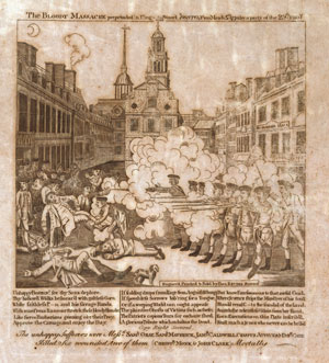 Figure 1: Engraving by Paul Revere, showing the massacre in King Street, Boston, on March 5, 1770. Digital image courtesy the Prints and Photographs Division, Library of Congress.