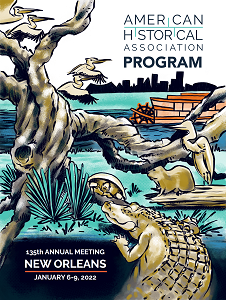 AHA 2022 annual meeting program cover, featuring a graphic depicting familiar feature of New Orleans