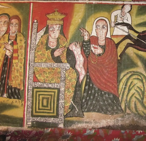 In this detail from a mural being prepared for restoration at Rema Monastery Church, Walatta Petros berates Emperor Susinyos, who forced his subjects to convert to Catholicism. Photo by Wendy Laura Belcher.