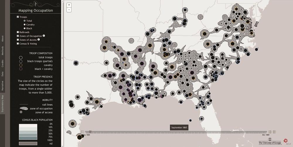 In Mapping Occupation, posts appear as circles, the varying sizes of which indicate the number of troops stationed there. Colors denote the presence of black troops and cavalry.