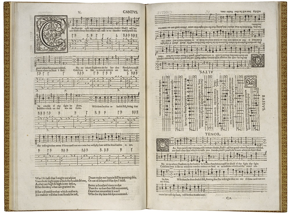 Courtesy of Folger Shakespeare Library. John Dowland, The First Booke of Songes or Ayres of fowre partes with Tableture for the Lute, London, 1597. Notice how the tenor, bass, and alto parts are rotated; this format enabled several lute players to sit around a table and read from the same book. The Folger Consort will be performing Dowland’s music for its January program.