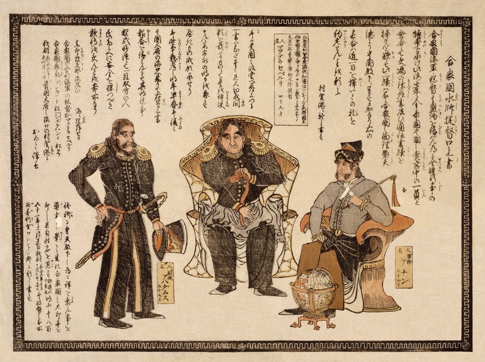 Gasshukoku suishi teitoku ko - jo-gaki (Oral Statement by the American Navy Admiral), Japanese print, c. 1854, artist unknown. Library of Congress. Licensed under Public Domain. Transport colonialism: In 1854, US pressure resulted in the “opening” of Japan as a safe haven for American whaleships. This disrupted local economies but did not displace Japanese people themselves.