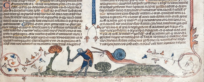  A knight battles a snail in the margins of an English medieval genealogical roll. Decretals of Gregory IX with gloss of Bernard of Parma, c. 1300–c. 1340, Royal MS 10 E IV, f. 107r, British Library Digitized Manuscripts.  