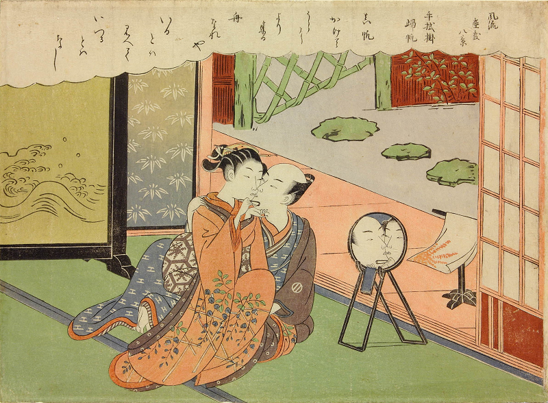 Suzuki Harunobu’s 1768 Tenugui-kake kihan (Returning Sail at the Towel Rack) shows lovers embracing. Wikimedia Commons 