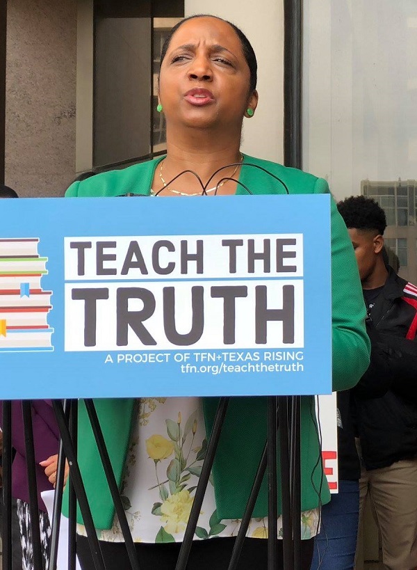 Daina Ramey Berry (Univ. of Texas at Austin) speaks at a press conference during an SBOE public hearing on changes to the social studies standards in September 2018.