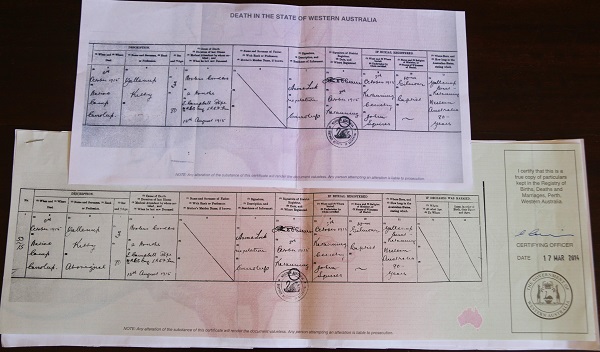 A side-by-side comparison shows a copy of Garry Smith’s great-grandmother’s original death certificate with the word “Aboriginal” (bottom) and another copy with the word redacted (top).