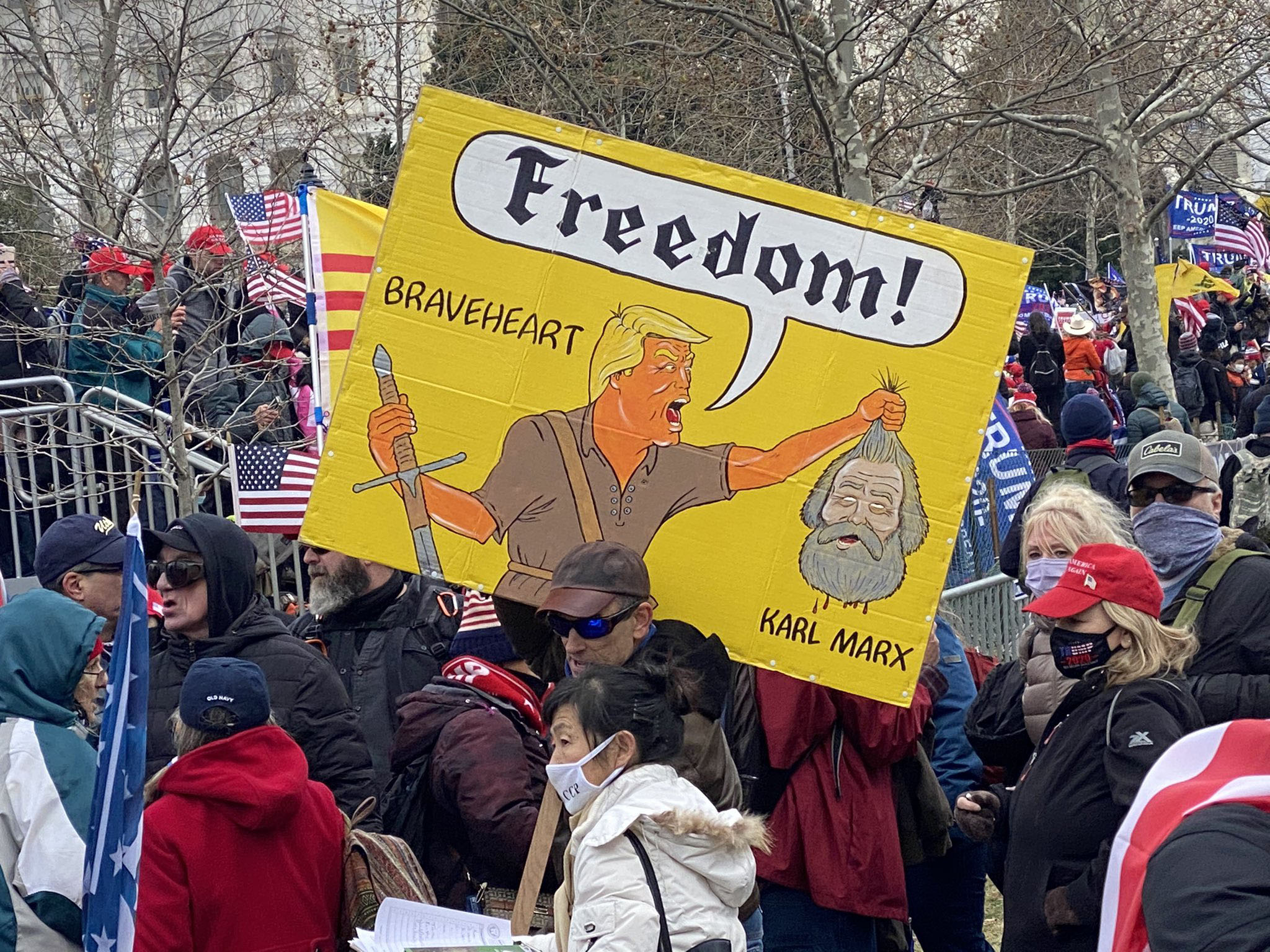 A representative poster from January 6, featuring a mishmash of Trump, the 1995 film Braveheart, and anticommunism.