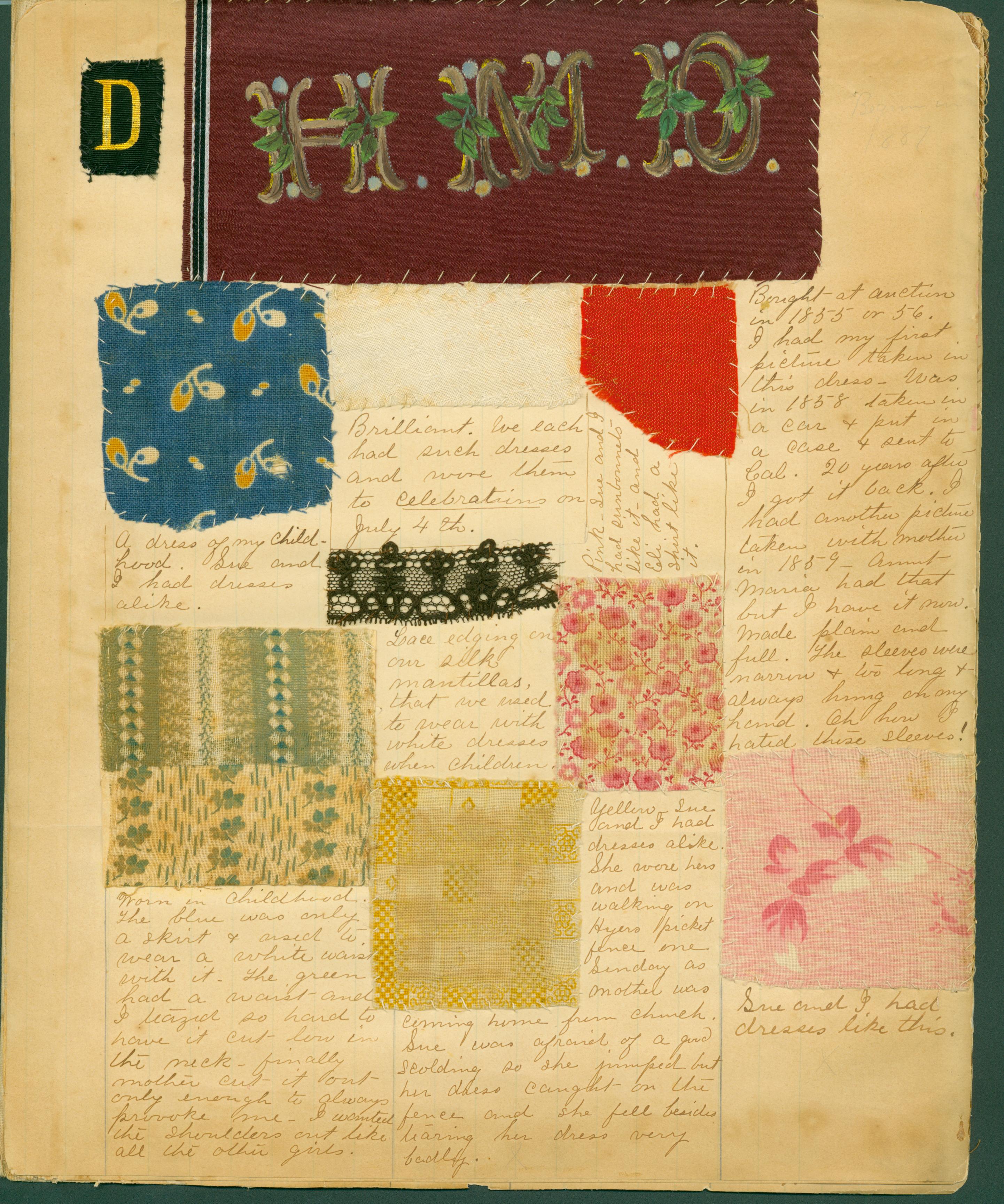 A page out of a scrapbook with pieces of printed fabric laid out.