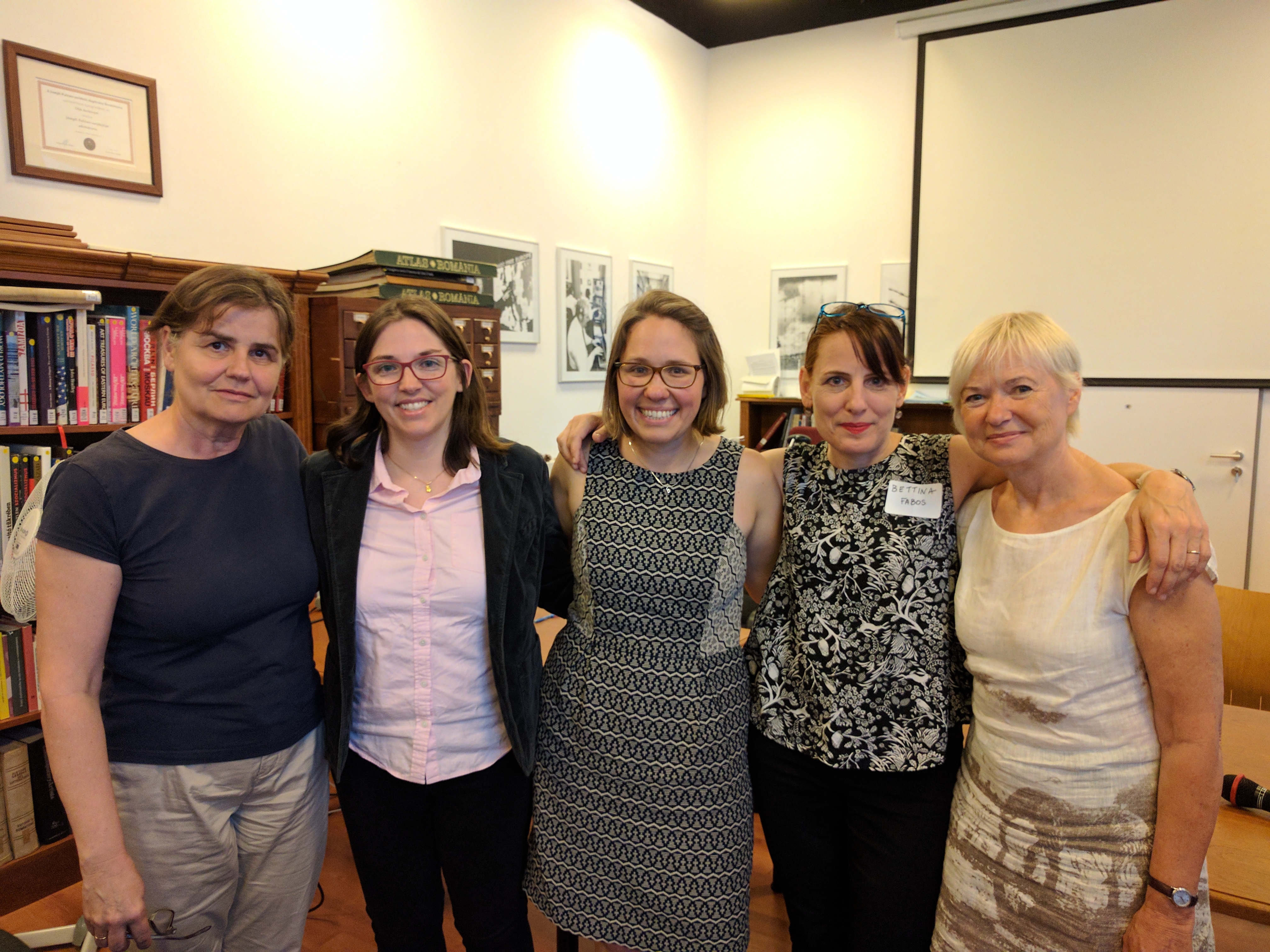 Annamária Sas (Fulbright Hungary American Program Officer), Leslie Waters, Kristina E. Poznan, Bettina Fabos, and Márta Nagy (Fulbright Grantee to the Univ. of Iowa, 2015) at the 2017 launch of Proud and Torn at the Open Society Archives in Budapest.