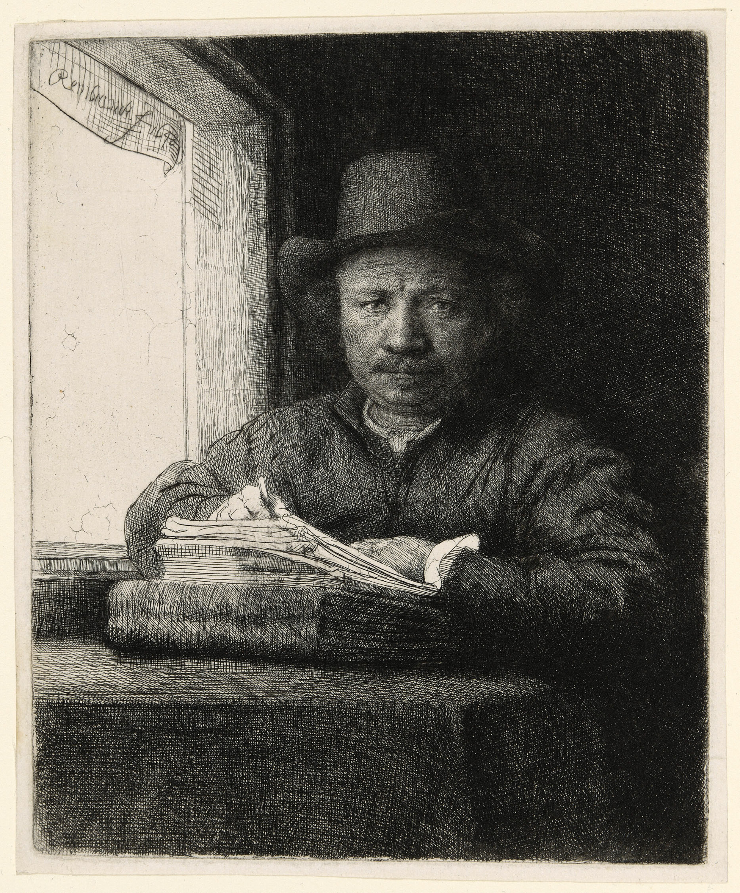 Rembrandt van Rijn’s “Self-Portrait Etching at a Window,” 1648.