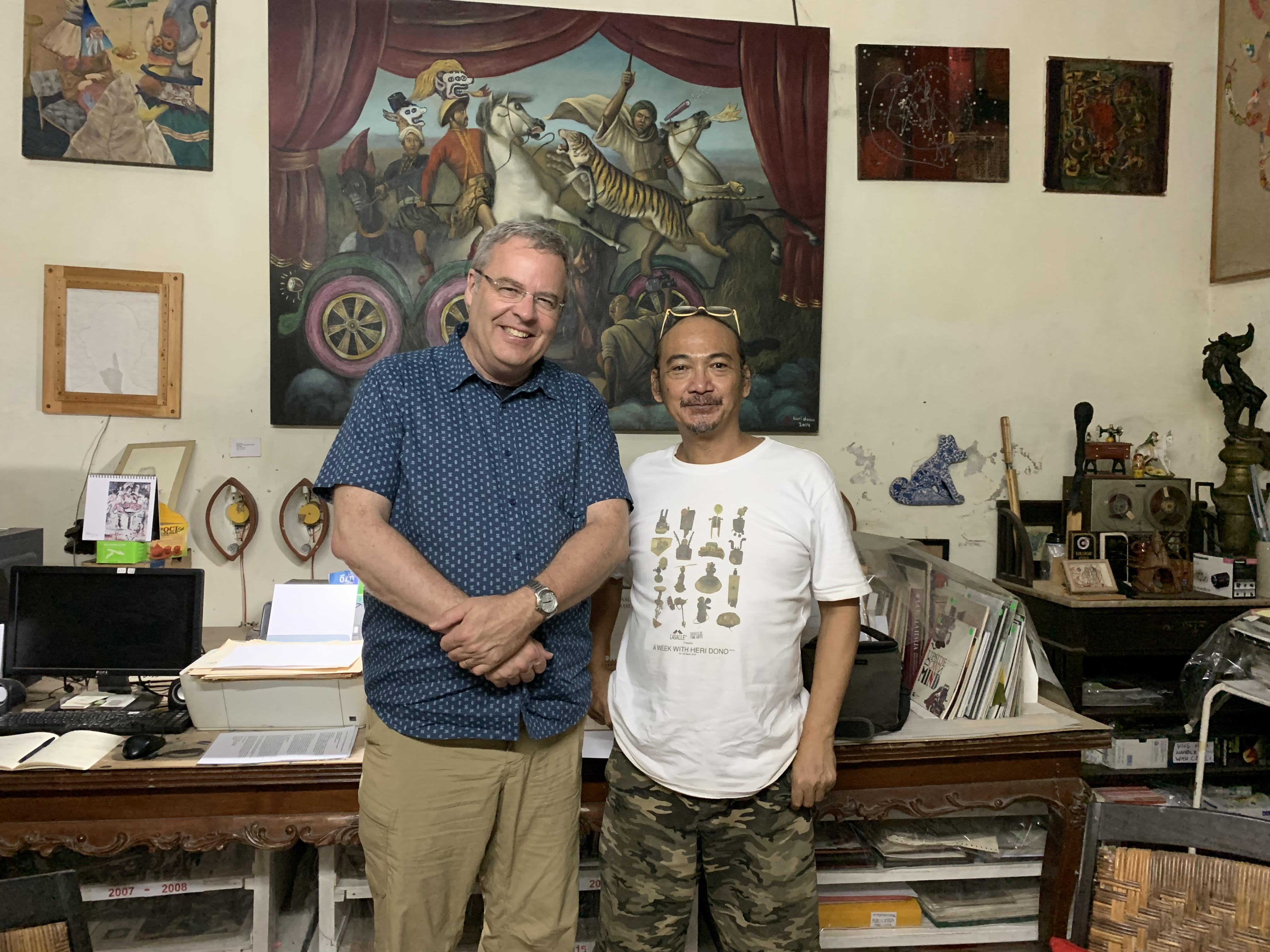 For his new project on the histories of the global south, Mark Philip Bradley (left) interviewed artist Harry Dono (right) in his studio in Yogjakarta, Indonesia, in July 2019.