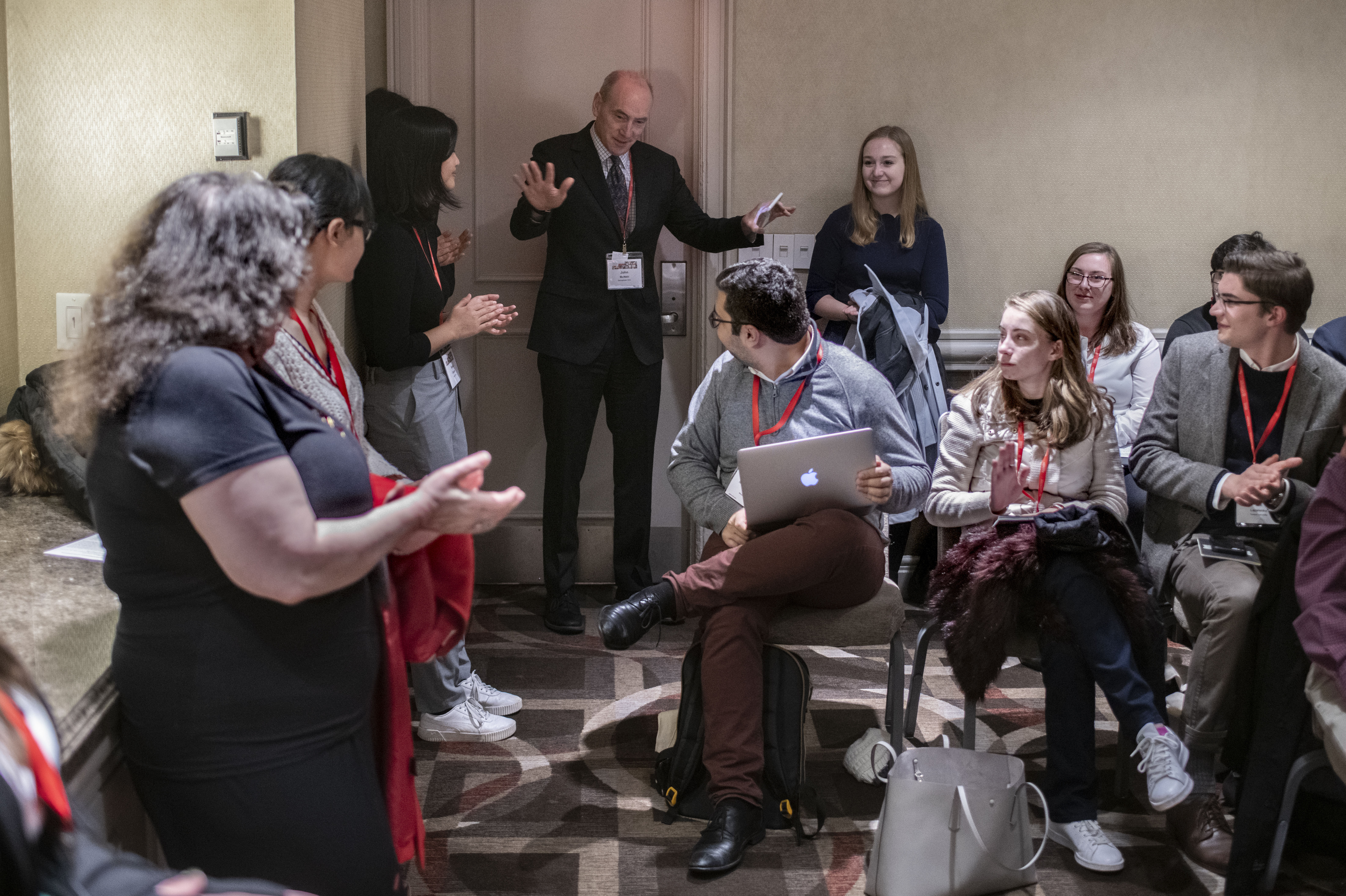 2019 AHA president John R. McNeill greets undergraduate attendees at the 2020 annual meeting.