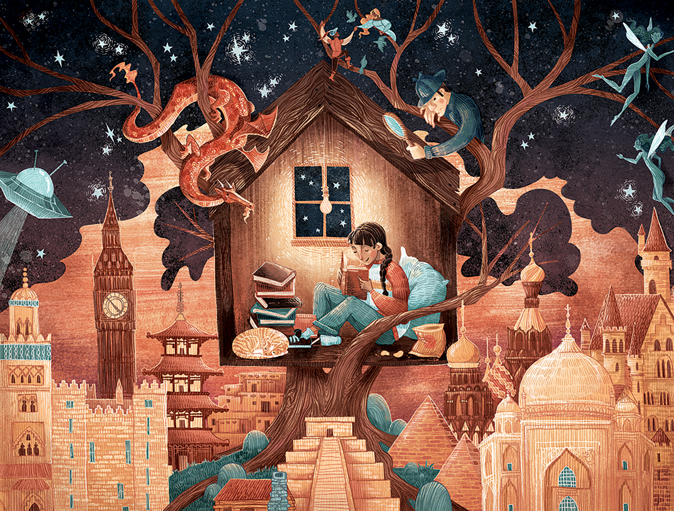  Illustration of a girl sitting in a treehouse reading books with an orange tabby cat at her feet. Above the treehouse is the night sky with a dragon, detective, knights, fairies, and aliens in the tree branches. Below the treehouse are historic landmarks around the world.