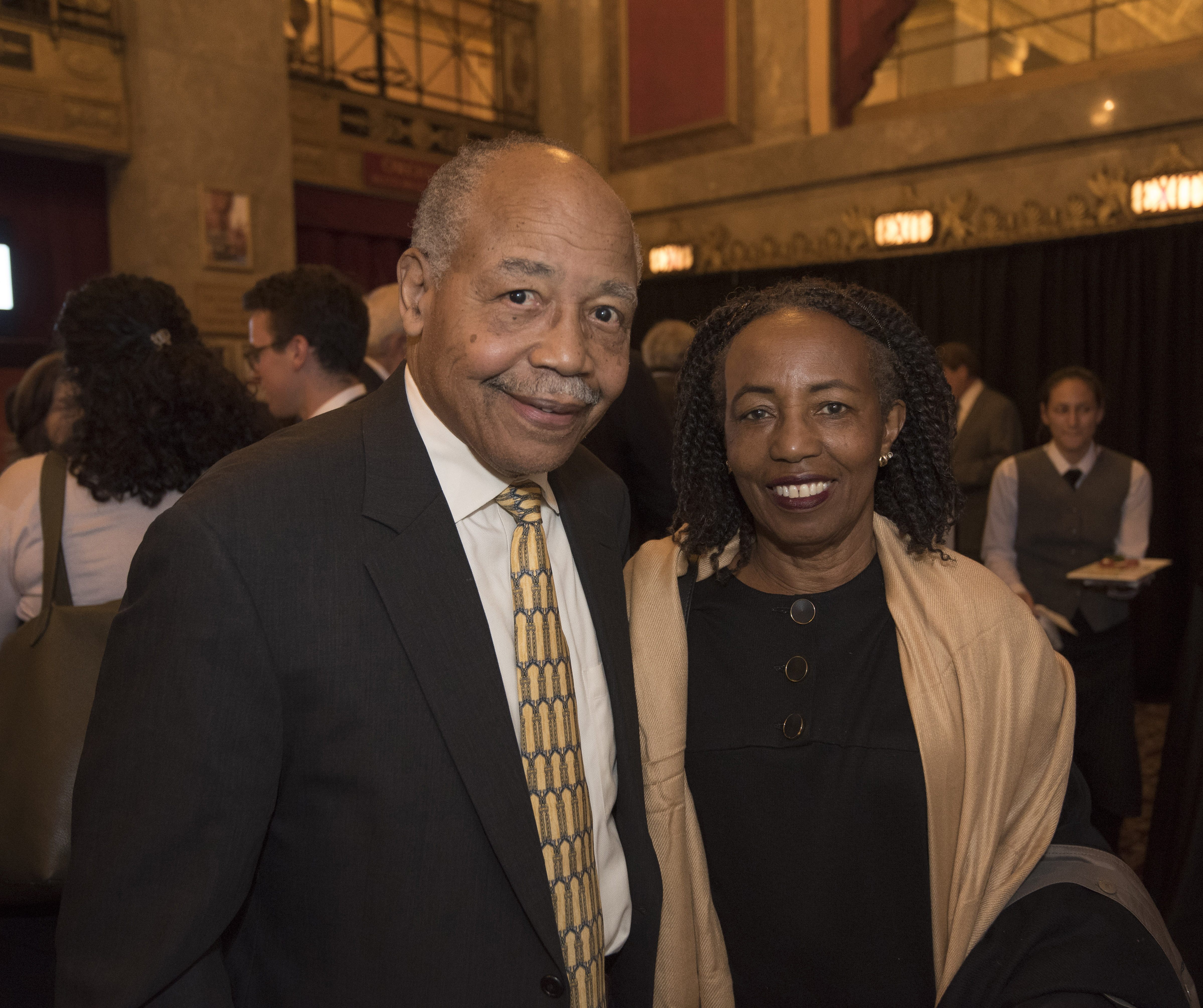 Allison, in a suit and yellow and blue tie, and Shirley Blakely, in a  black dress and cream shawl, at the 2018 Jefferson Lecture in the Humanities.