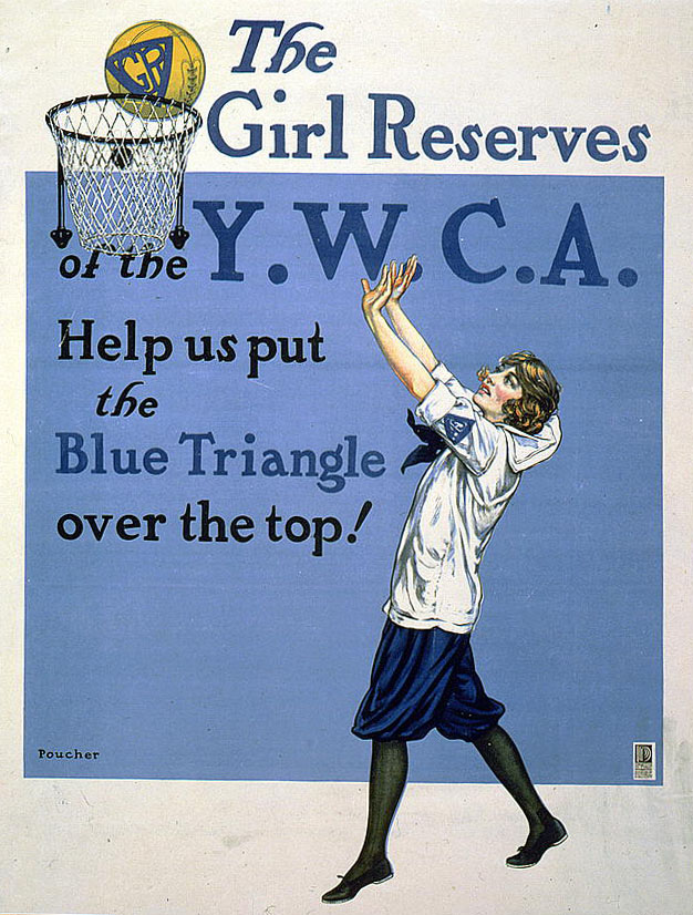 Poster showing a YWCA girl shooting a basketball.
