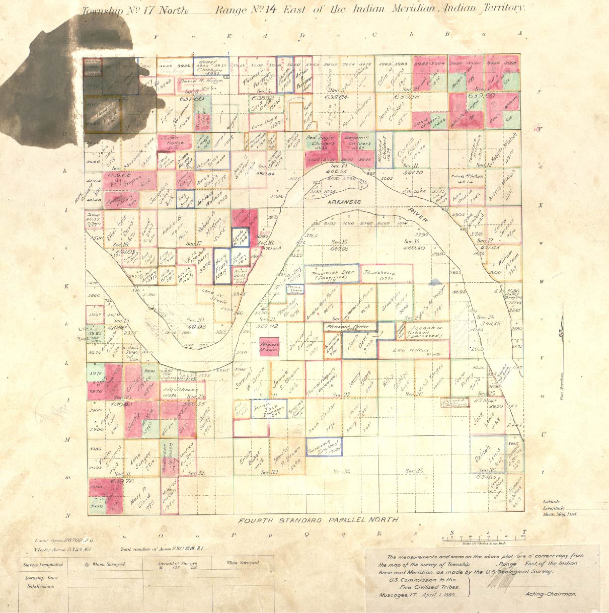 A map of tribal allotments along the Arkansas River.