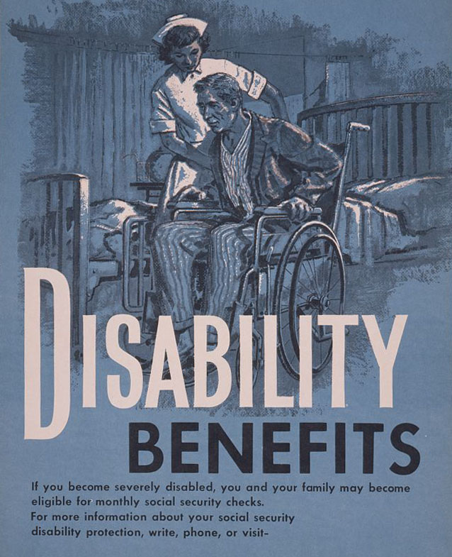 Disability Benefits poster with an illustration a nurse helping a man in a wheelchair.