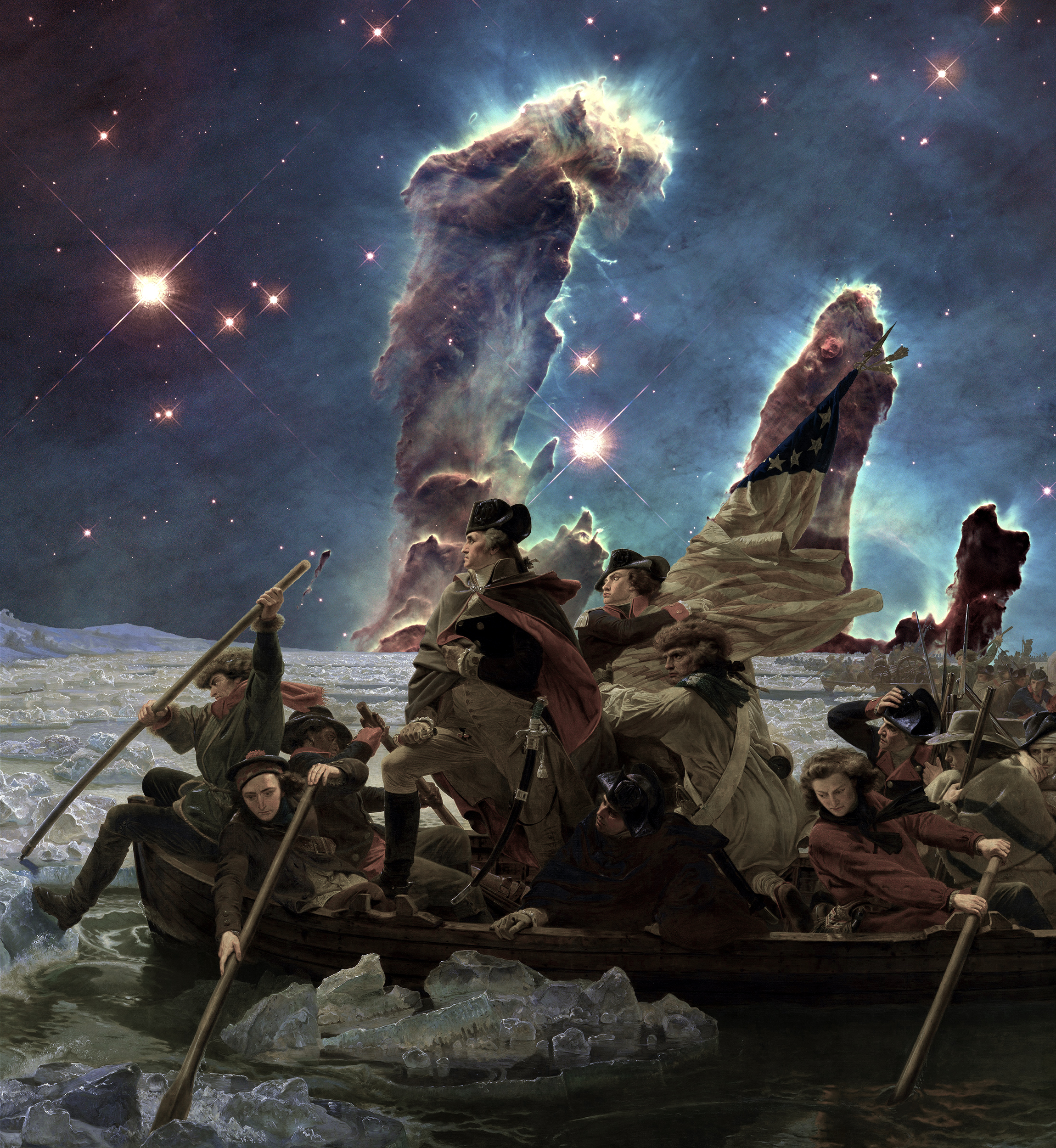 Collage of a painting of George Washington crossing the Delaware River with the background of a Hubble Space Telescope photo of space.