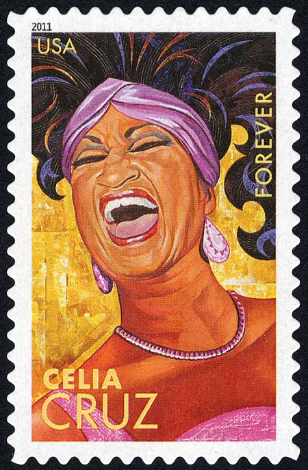 Illustration of Celia Cruz singing on a U.S. Postal Forever Stamp