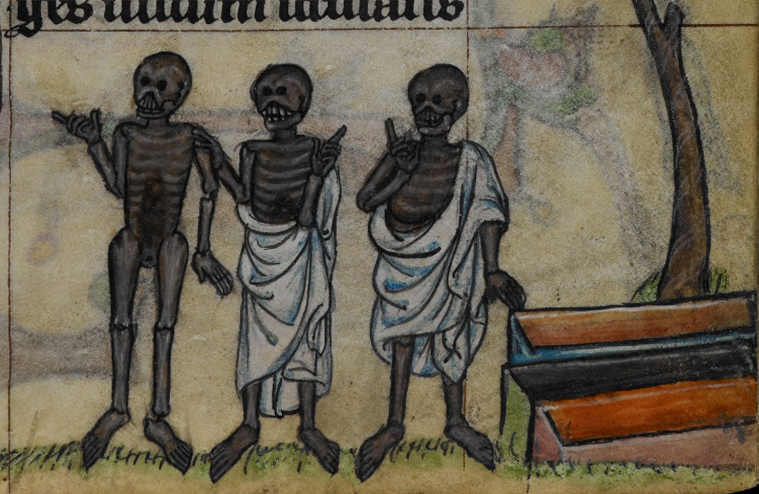 A medieval illustration of three skeletal figures.