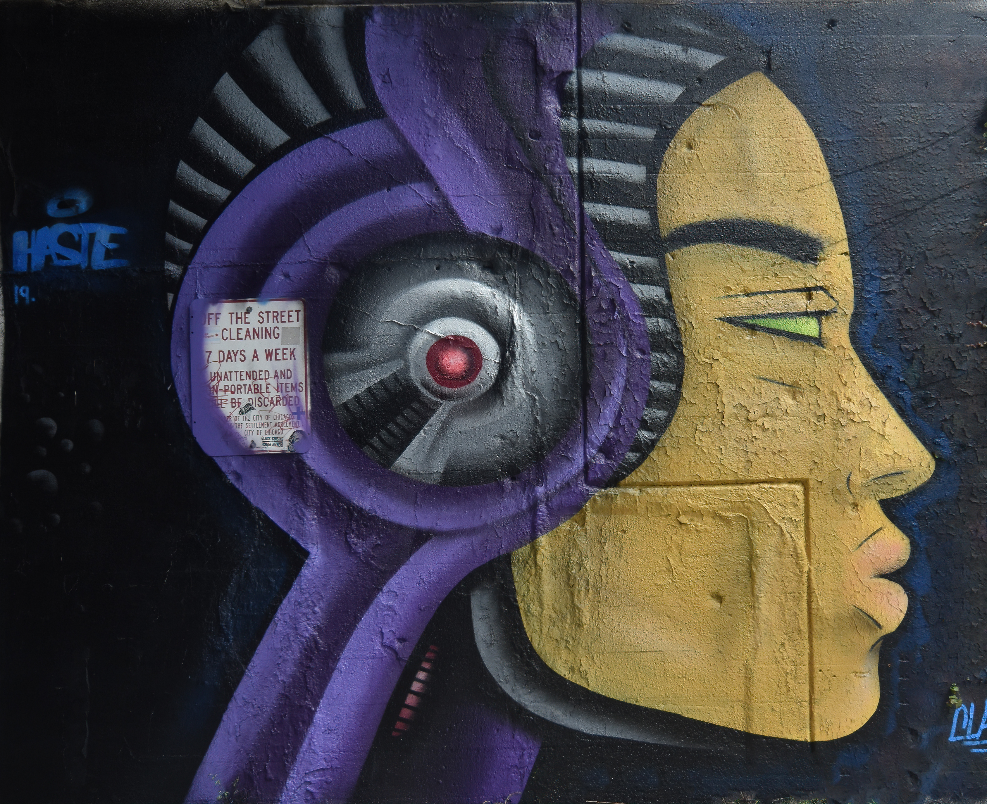 A graffiti mural of a cyborg head. Its face is human, but most of its skull is machinery, painted purple.