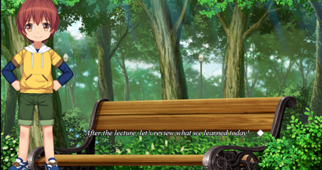 An anime-style figure stands next to a bench in a woods, with the dialogue text: “After lecture, let’s review what we learned today!”