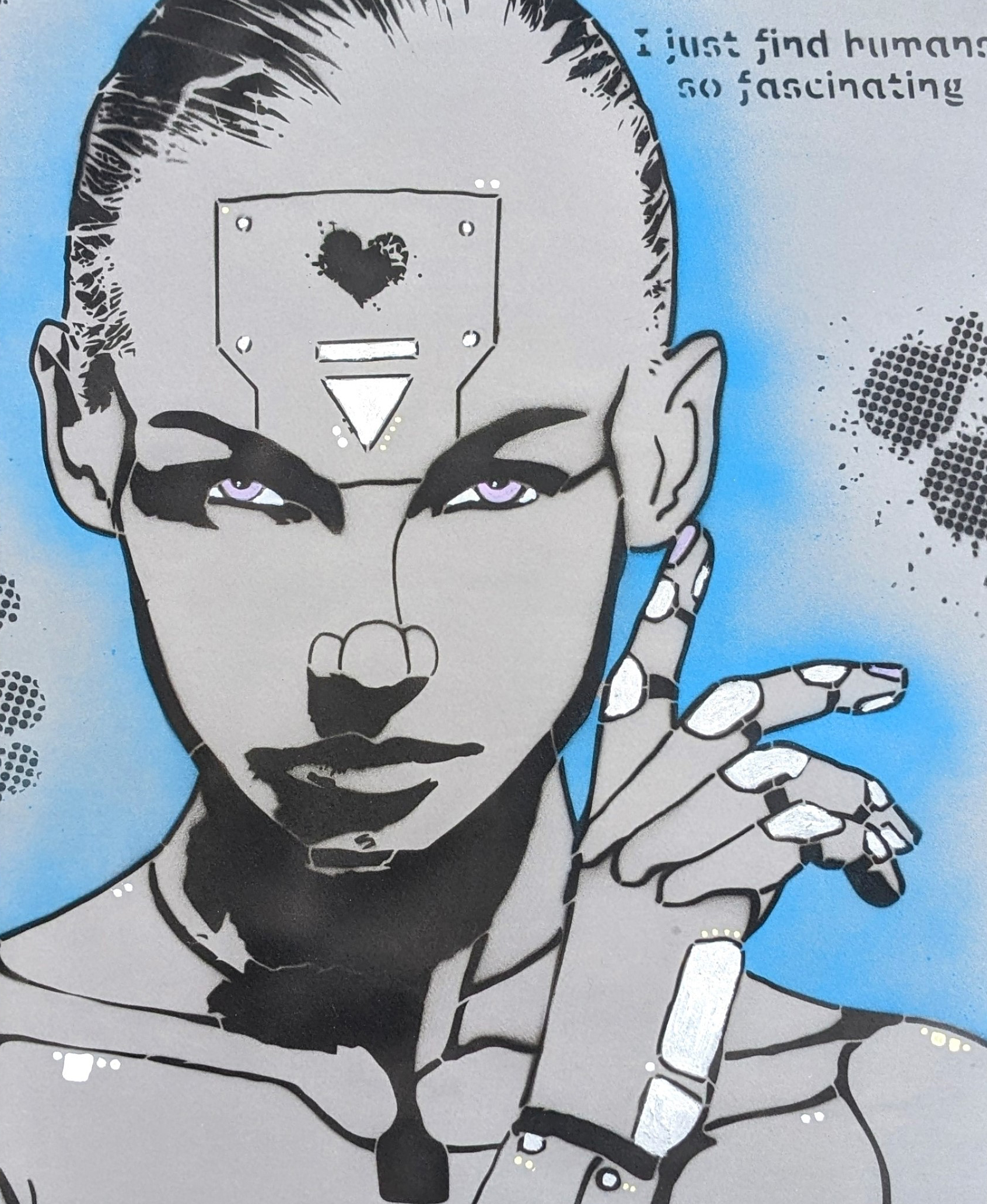 Illustration of a gray robot with a human woman's face with a heart and and button on her forehead.
