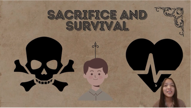 A screenshot of a youtube video that says 'Sacrifice and Survival' above an illustration of a skull and a heart