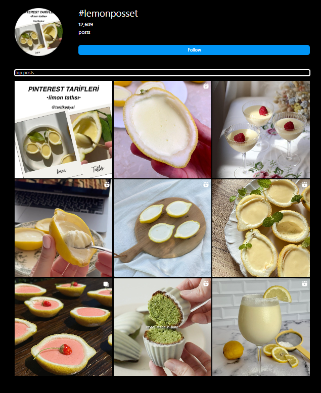 Instagram page with the hashtag #lemonposset and nine pictures of lemon possets in a grid