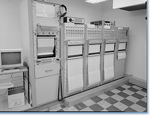 VIEW OF CHART RECORDERS AND PERSONAL COMPUTER LINING NORTHEAST CORNER OF AUTOPILOT ROOM, Johnson, SRA. Frederick V., 1993, http://www.loc.gov/pictures/item/ca1867.photos.033675p/