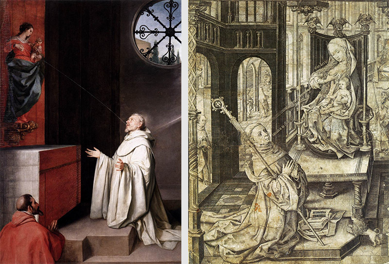 Left: St. Bernard and the Virgin by Alonzo Cano (1650). Right: The Lactation of St. Bernard by Master IAM of Zwolle (ca. 1470-85).