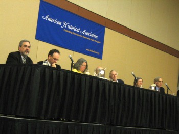 The panel of the Plenary Session: <a href="http://aha.confex.com/aha/2012/webprogram/Session6915.html" target="_blank">How to Write a History of Information: A Session in Honor of Peter Burke</a>. Photo by Elisabeth Grant.