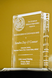 A close-up of the Theodore Roosevelt-Woodrow Wilson Public Service Award.