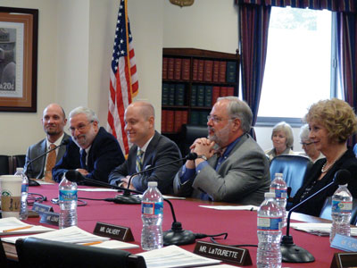 Testifying on behalf of the humanities (starting from the left): Paul Ulrich, James Grossman, Erik M. Hein, Tom Cassidy, and Ruth Pierpont. Photo by Chris Hale.