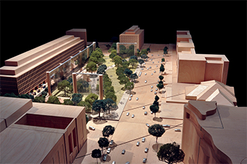 View of the proposed Eisenhower Memorial, looking west down Independence Avenue in Washington, DC.  Courtesy of Gehry Partners, LLP, 2013.