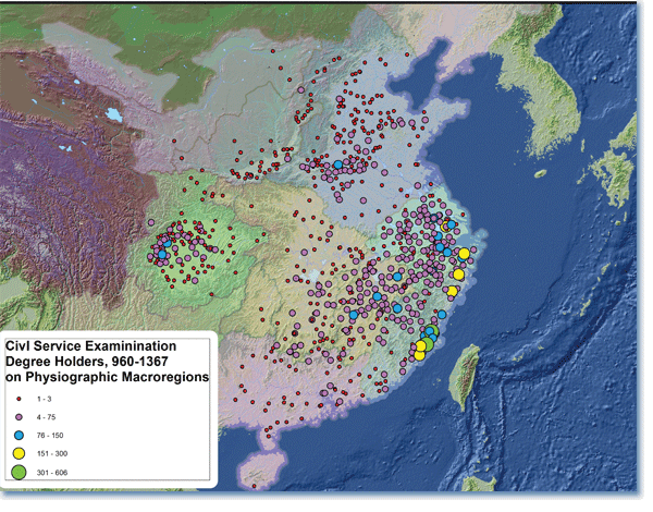 Figure 2. Mapping Civil Service Degree Holders in China. A map of China produced on ArcGIS, showing the distribution of civil service degree holders. The data is from the China Biographical Database, the physiographic macroregions are by G. William Skinner published by the China Historical GIS, and the underlying digital elevation model is from the China Historical GIS.