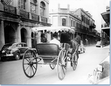 Carriage tour on Chartres Street in the 1960s. In the 1970s this street became part of the pedestrian mall flanking Jackson Square. Image courtesy of State Library of Louisiana. Image courtesy the the State Library of Louisiana.