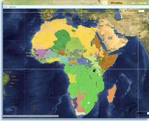 Detail from the interactive AfricaMap demonstrating a language families overlay. From WorldMap