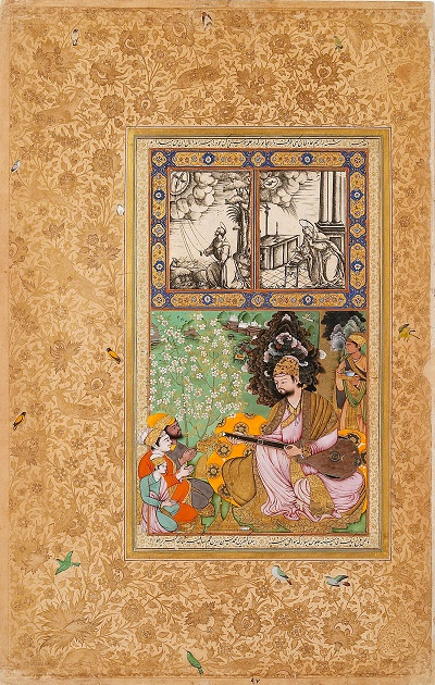 Sultan Ibrahim ‘Adil Shah II Playing the Tambur. Ascribed to Farrukh Beg, in an inscription written by Muhammad Husain Zarin Qalam. Bijapur, ca. 1595–1600 (painting); Agra, A.H. 1019 (A.D. 1610–11) (album page and inscription). Ink, opaque watercolor, and gold on paper. Folio: 16⅝ × 10⅜ in. Náprstkovo Muzeum Asijských, Afrických a Amerických Kultur, Prague (A.12182)