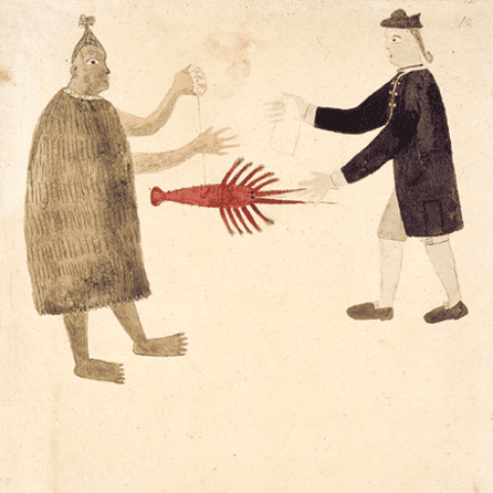 Early exchange in the Pacific: A Maori bartering a crayfish with an English naval officer [ascribed to Tupaia], 1769, from Drawings illustrative of Captain Cook’s First Voyage, 1768–1771. ©The British Library Board