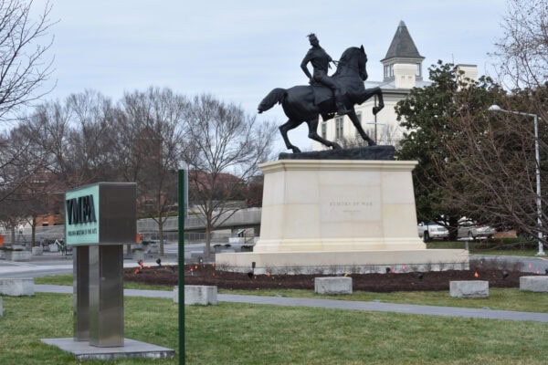 In Rumors of War, Kehinde Wiley blends a modern figure with the classic form of a mounted soldier.
