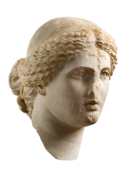 National Archaeological Museum, Athens. When Greek sculptures fell into Christian hands in the Byzantine Empire, many were destroyed. This head of Aphrodite might have survived because a Christian carved a cross on its forehead, thus figuratively baptizing it.