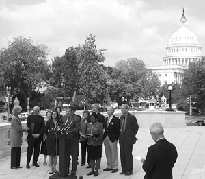 Representative Bob Filner (D-Calif.) speaking just before receiving the petition of 1,250 historians on the Cannon Building Terrace—with the U.S. Capitol in the background—on September 17, Constitution Day. Photo by Chris Hale.