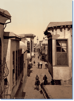 The street called straight, Damascus, Syria, between ca. 1890 and ca. 1900. From the Views of the Holy Land Photochrom print collection, Detroit Photographic Company. Library of Congress Prints and Photographs Division, LOT 13424, no. 030.