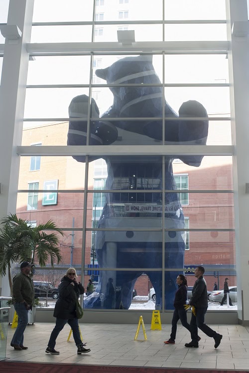 The big blue bear sculpture outside the Colorado Convention Center is the work of Lawrence Argent and is titled I See What You Mean.